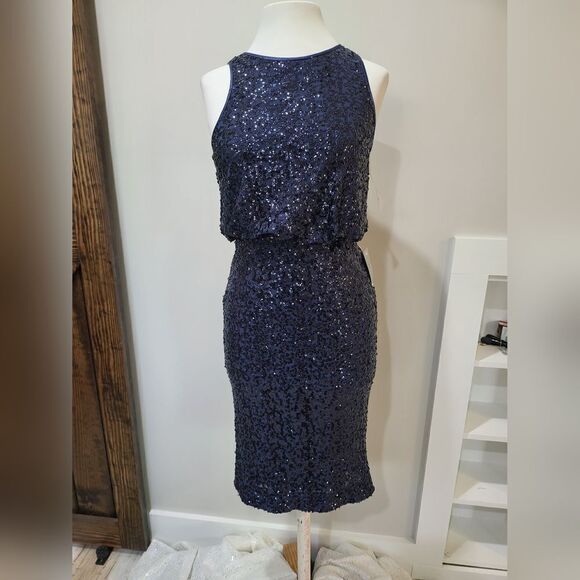 Eliza J Womens Sequined Sleeveless Knee-Length Cocktail Dress Size 2 NWT Blue - Picture 3 of 5
